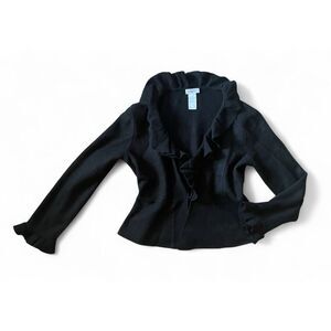 Kate Hill Women's 100% Wool Jacket Black Career Coat Ruffled Front Unlined Sz PM